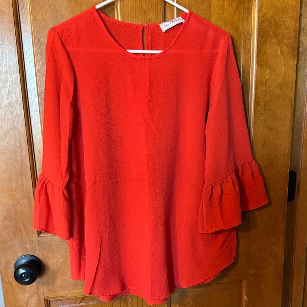 Ces Femme Red Ruffle Sleeve Tunic Top